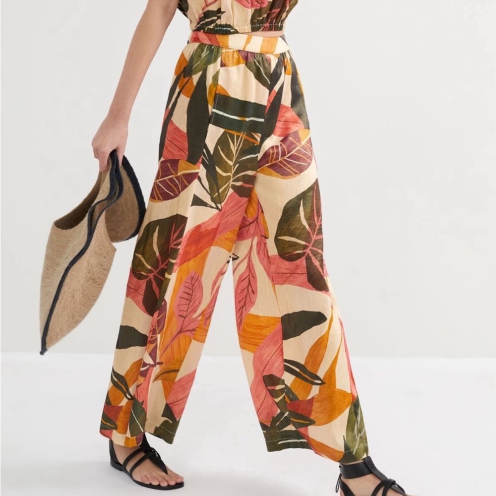 Anthropologie Wide-Leg Tropical Leaf Print Pants in Cream, Pink, Orange & Green
